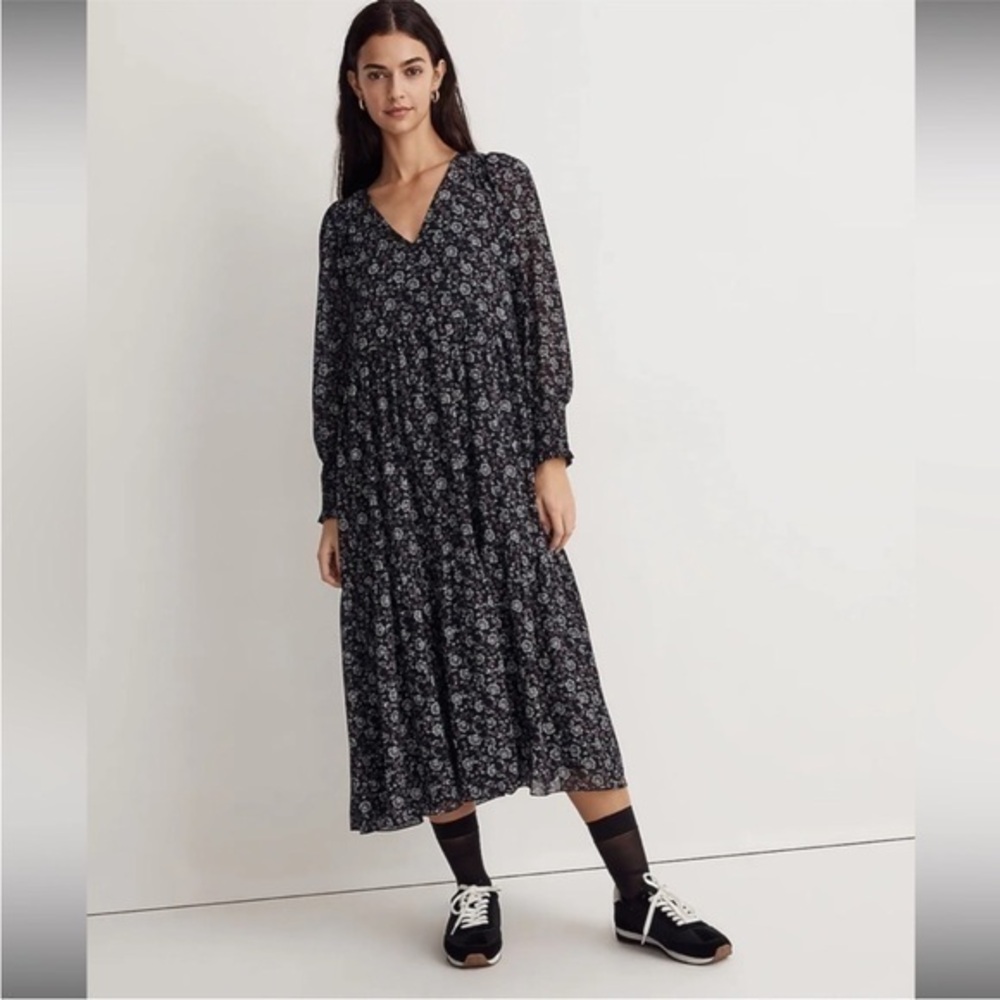 Madewell Georgette V-neck Tiered Midi Dress Enchanted Floral Black Size S